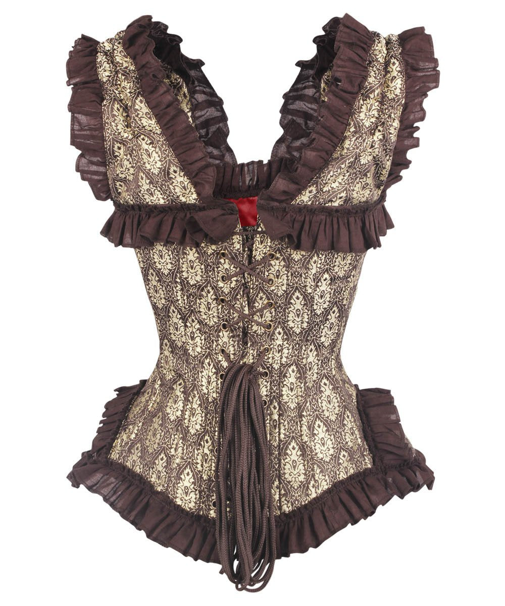 Caley Gold Brocade Overbust Corset with Halter Strap