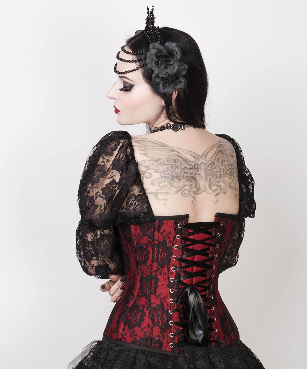 Lempi Lace Overlay Maroon Overbust Corset with Attached Sleeve