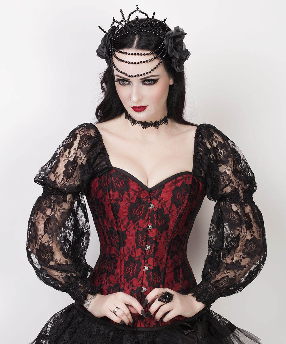 Lempi Lace Overlay Maroon Overbust Corset with Attached Sleeve