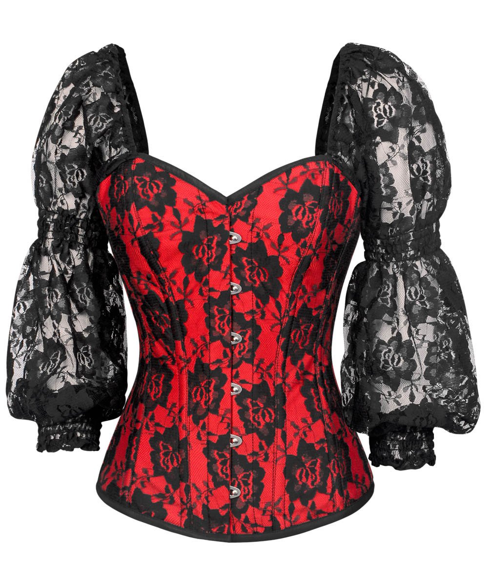 Lempi Lace Overlay Maroon Overbust Corset with Attached Sleeve