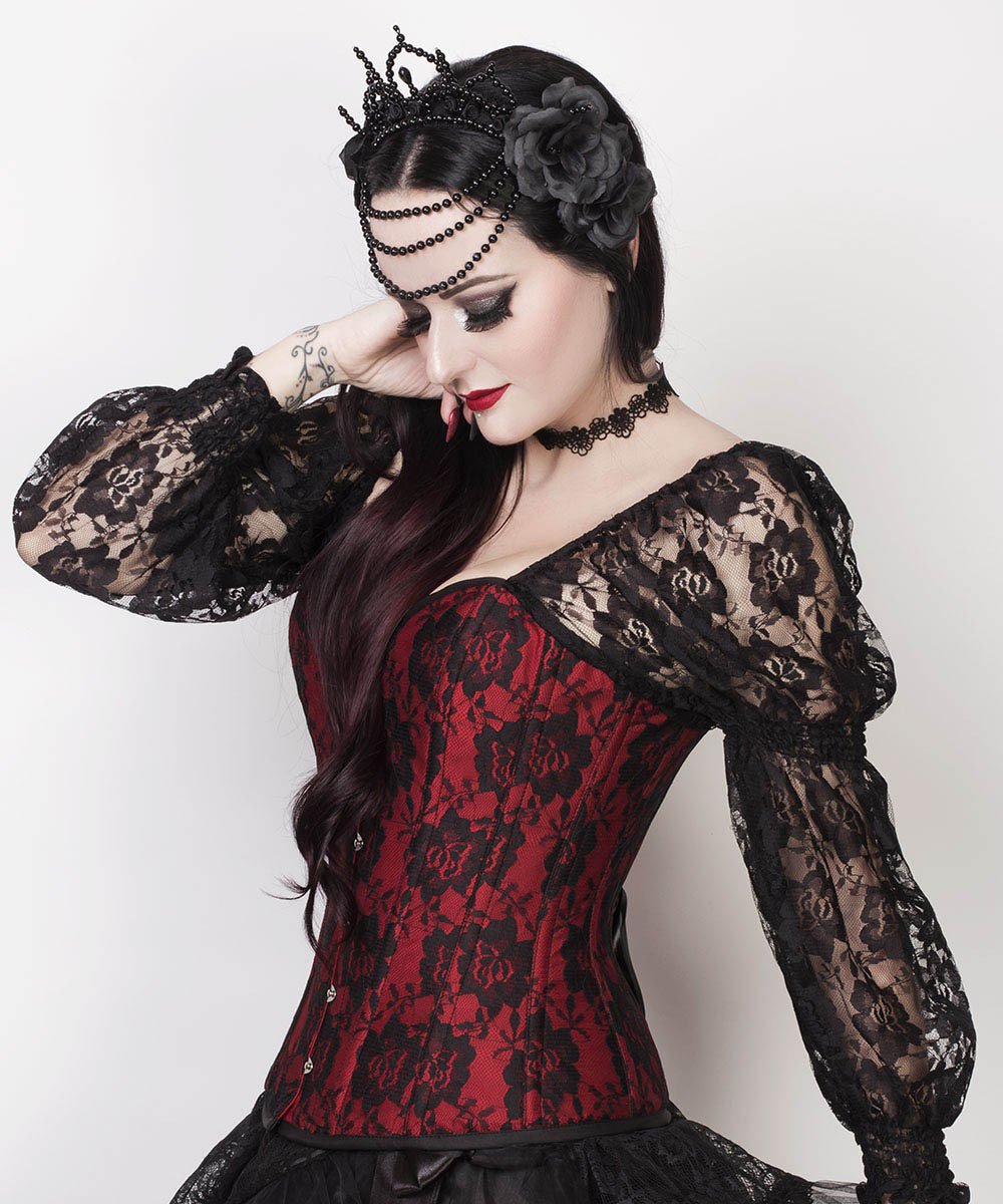 Lempi Lace Overlay Maroon Overbust Corset with Attached Sleeve