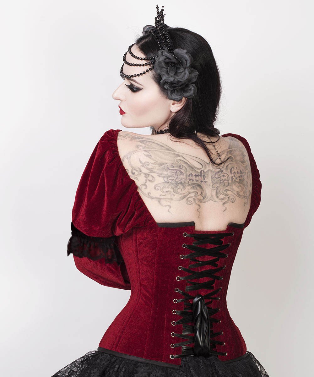 Calvagh Gothic Overbust Custom Made Maroon Corset with Attached Sleeve