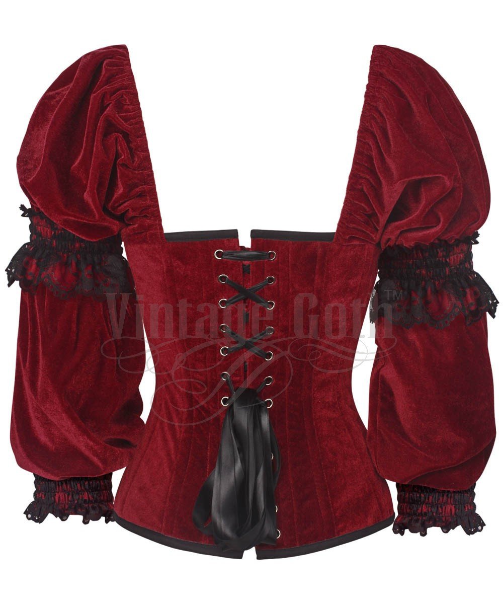 Calvagh Gothic Overbust Custom Made Maroon Corset with Attached Sleeve