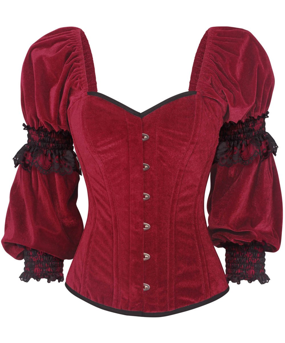 Calvagh Gothic Overbust Maroon Corset with Attached Sleeve