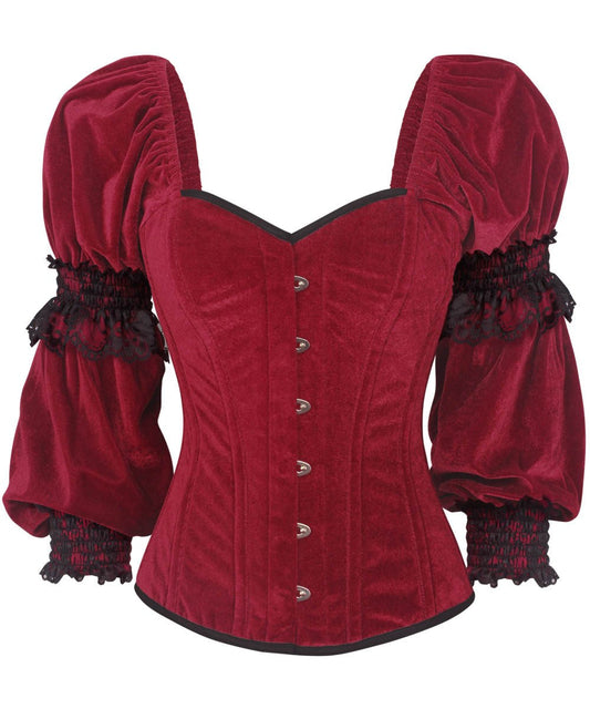 Calvagh Gothic Overbust Maroon Corset with Attached Sleeve