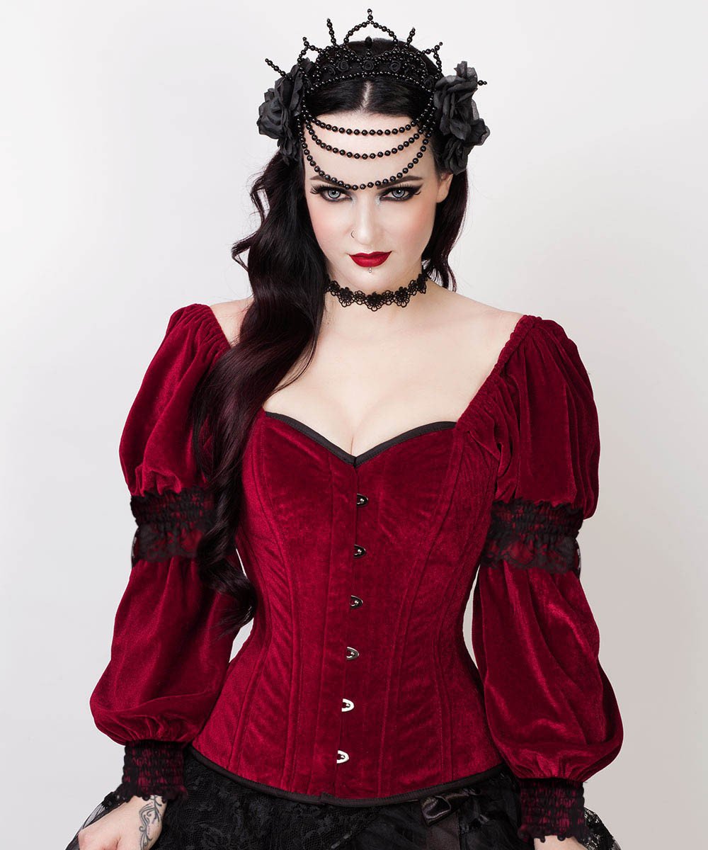 Calvagh Gothic Overbust Custom Made Maroon Corset with Attached Sleeve