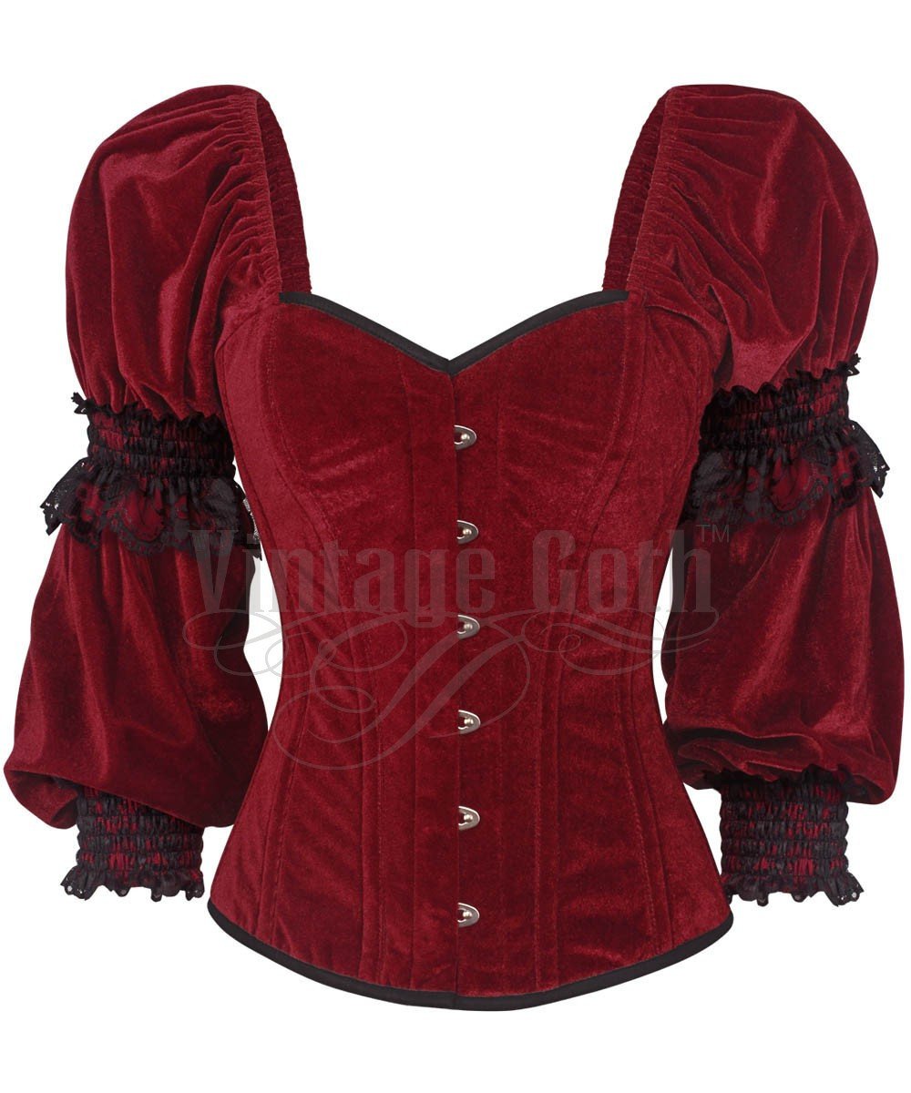 Calvagh Gothic Overbust Custom Made Maroon Corset with Attached Sleeve