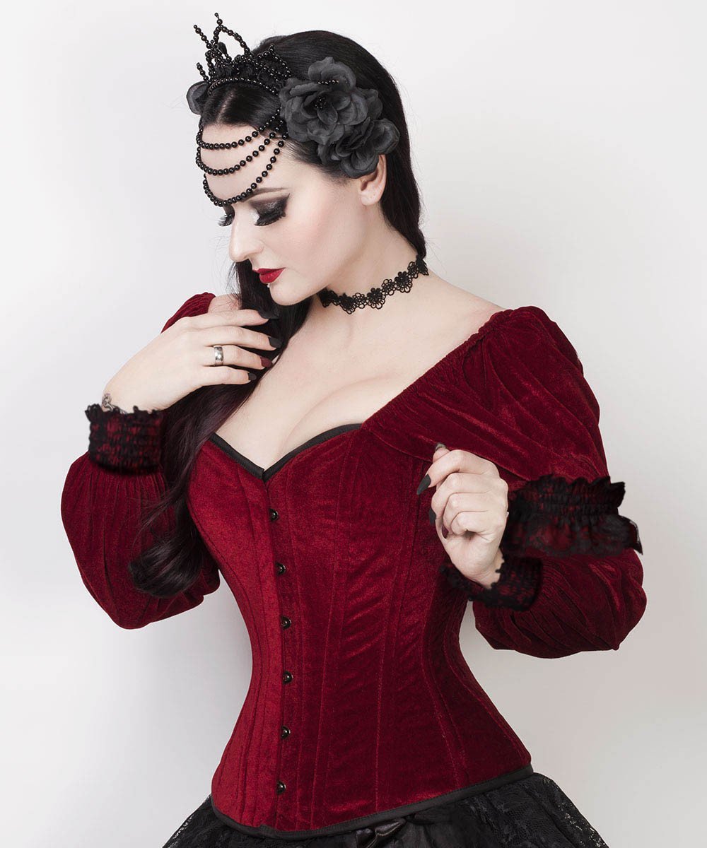 Calvagh Gothic Overbust Custom Made Maroon Corset with Attached Sleeve