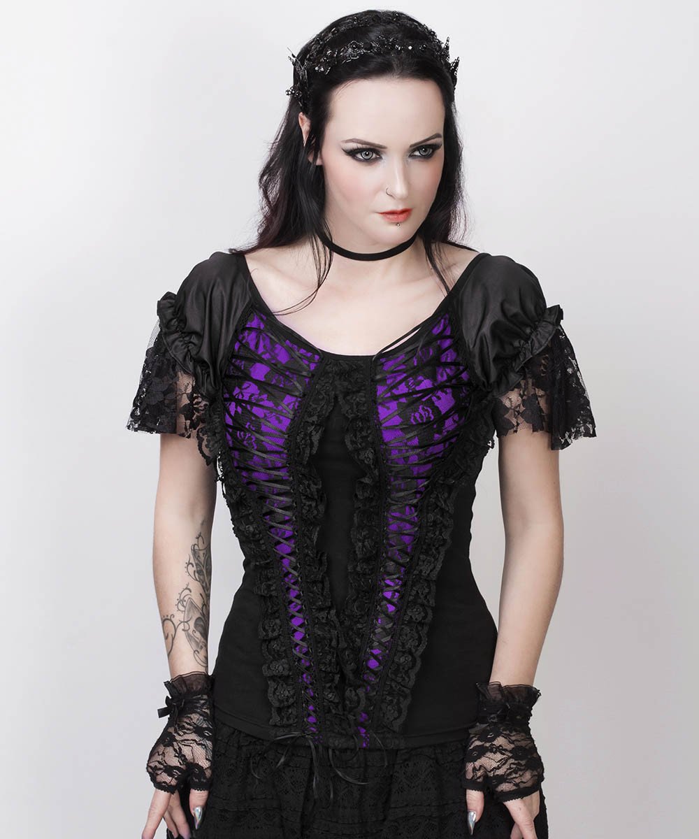 Fillin Purple Gothic Broad Neck Lace Overlay Top