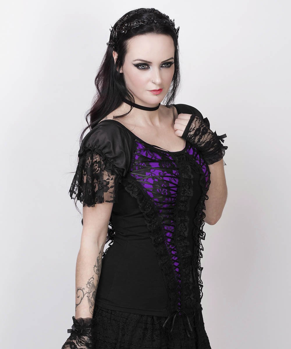 Fillin Purple Gothic Broad Neck Lace Overlay Top