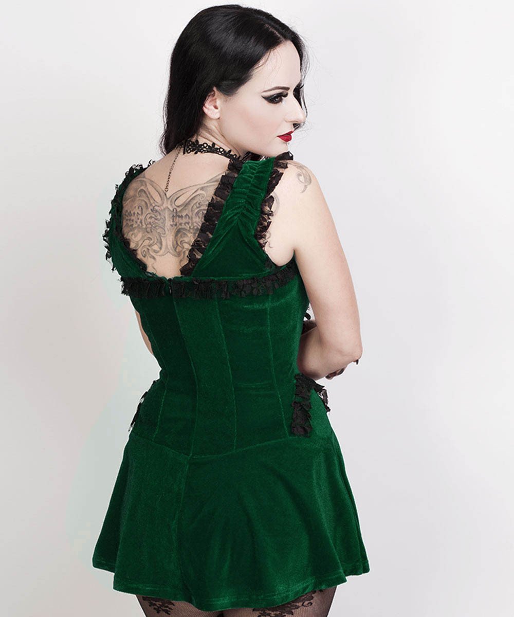 Romane Halter Burlesque Dress in Green Velvet