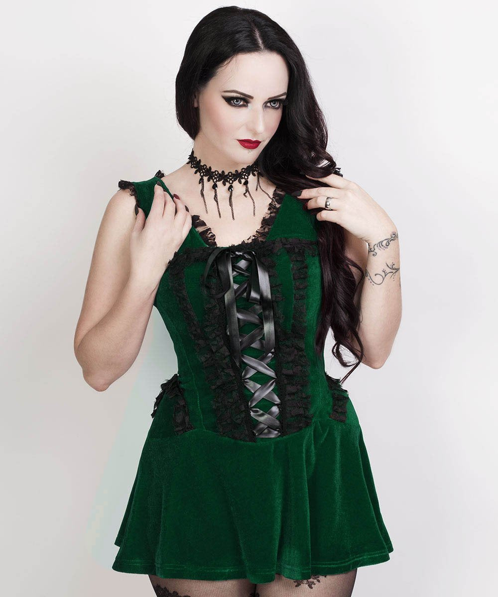 Romane Halter Burlesque Dress in Green Velvet