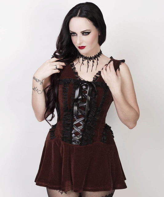 Agrafena Halter Burlesque Dress in Brown Velvet