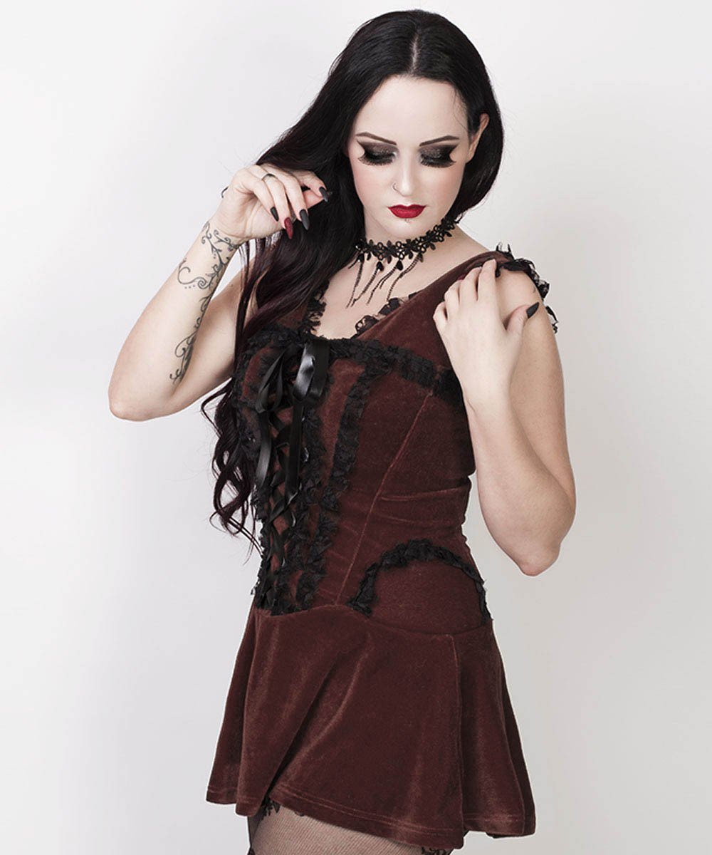 Agrafena Halter Burlesque Dress in Brown Velvet