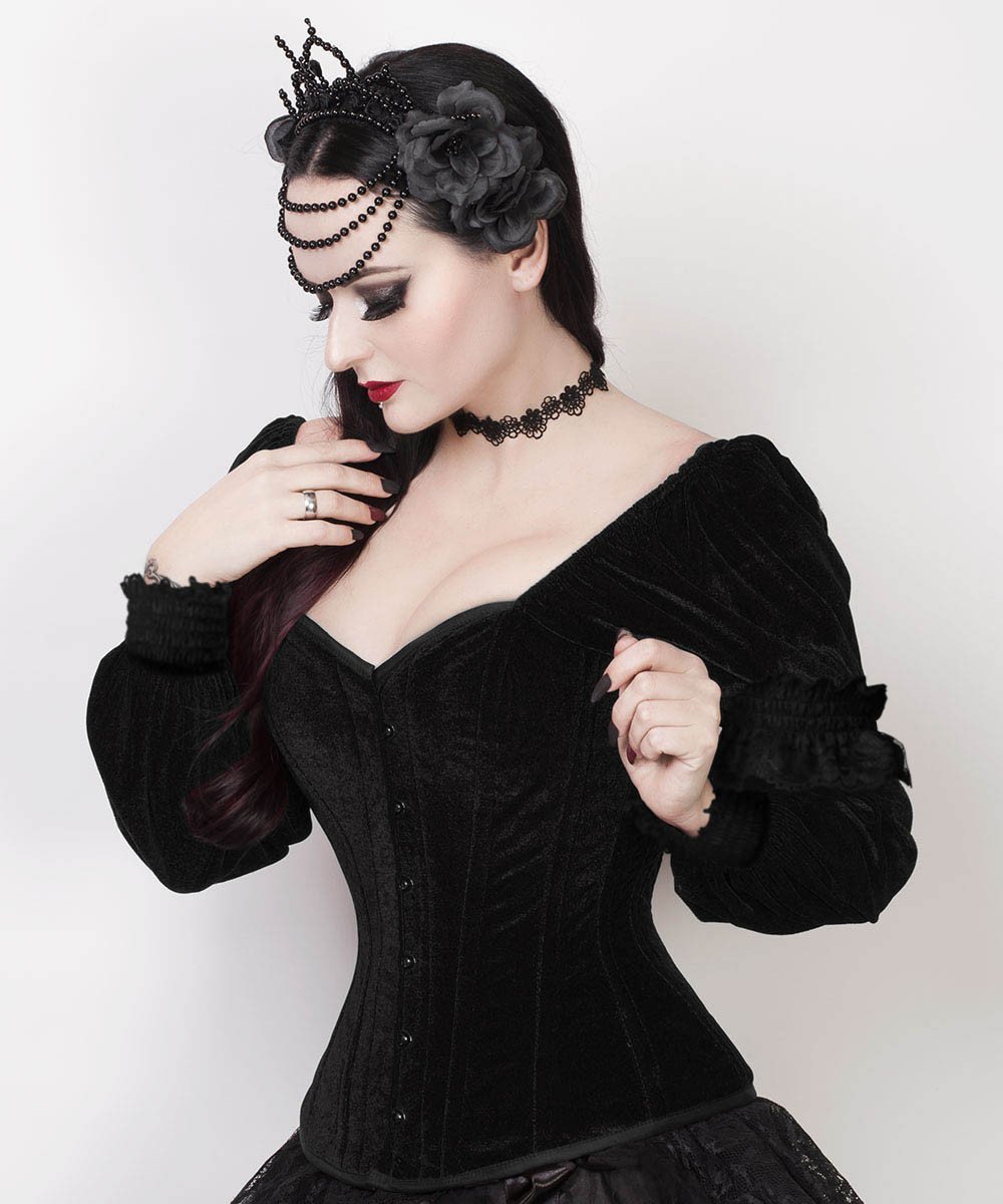 Agostina Gothic Overbust Custom Made Black Corset with Attached Sleeve