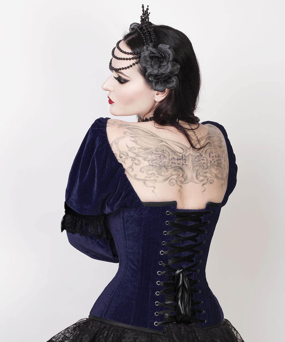 Aglaia Gothic Overbust Blue Corset with Attached Sleeve