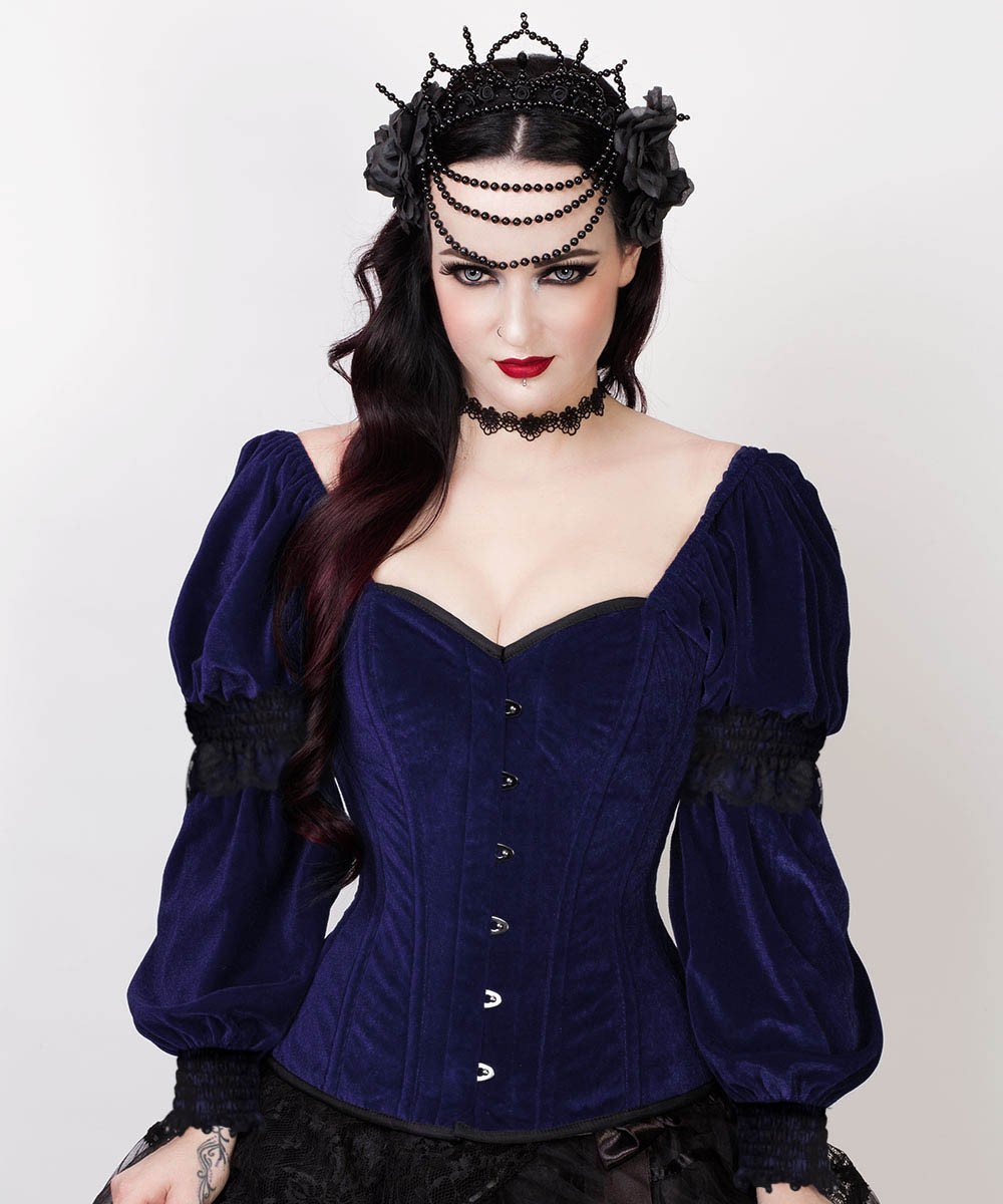 Aglaia Gothic Overbust Blue Corset with Attached Sleeve
