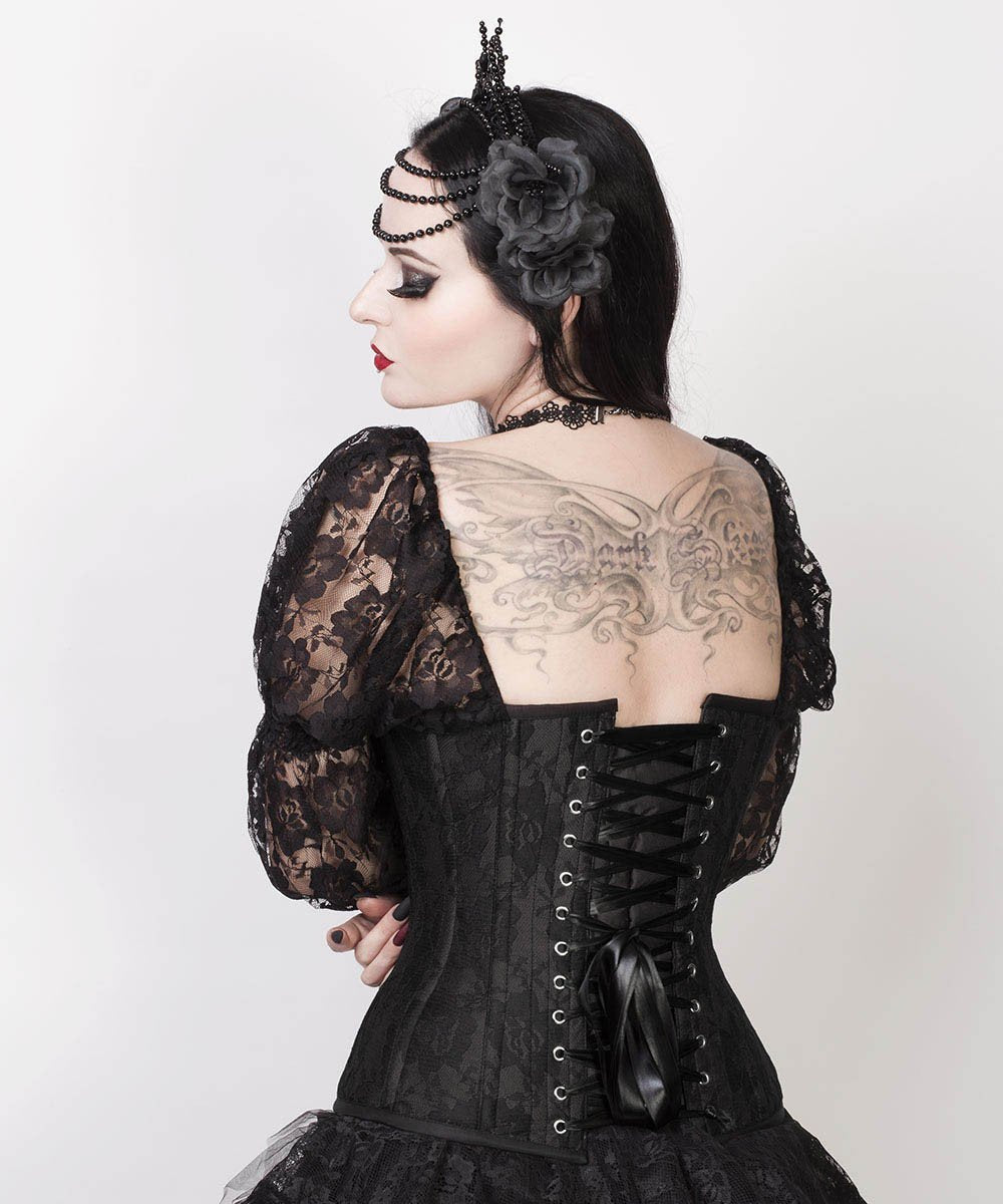 Faddei Lace Overlay Black Overbust Custom Made Corset with Attached Sleeve