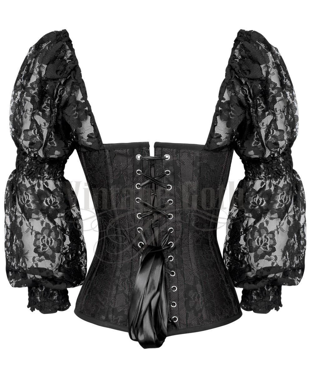 Faddei Lace Overlay Black Overbust Custom Made Corset with Attached Sleeve