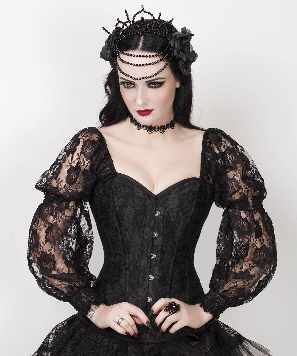 Faddei Lace Overlay Black Overbust Corset with Attached Sleeve