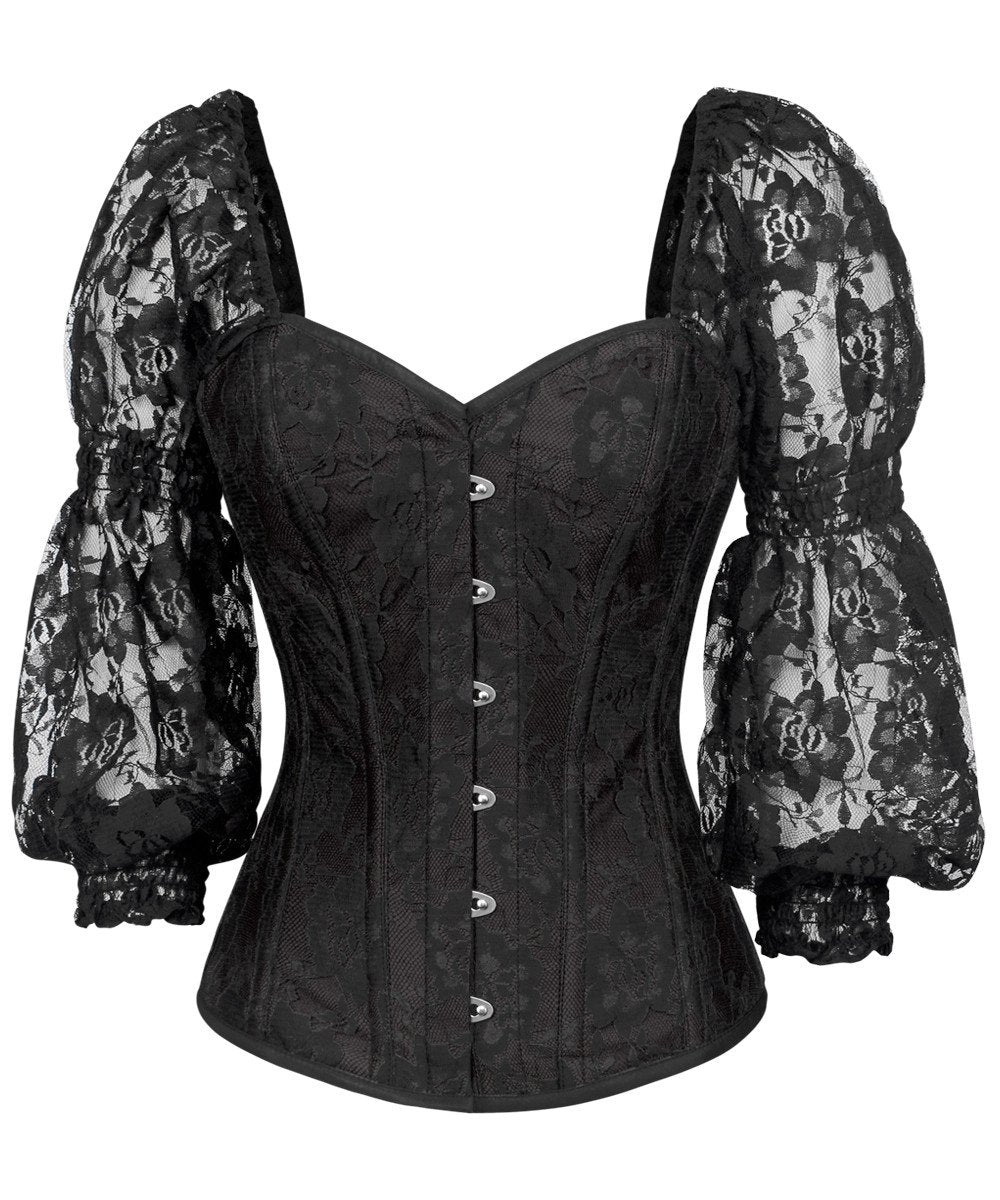 Faddei Lace Overlay Black Overbust Corset with Attached Sleeve