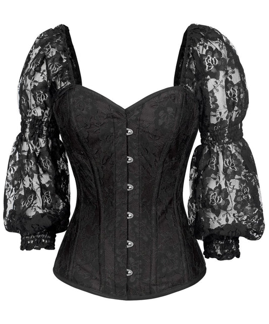 Faddei Lace Overlay Black Overbust Corset with Attached Sleeve