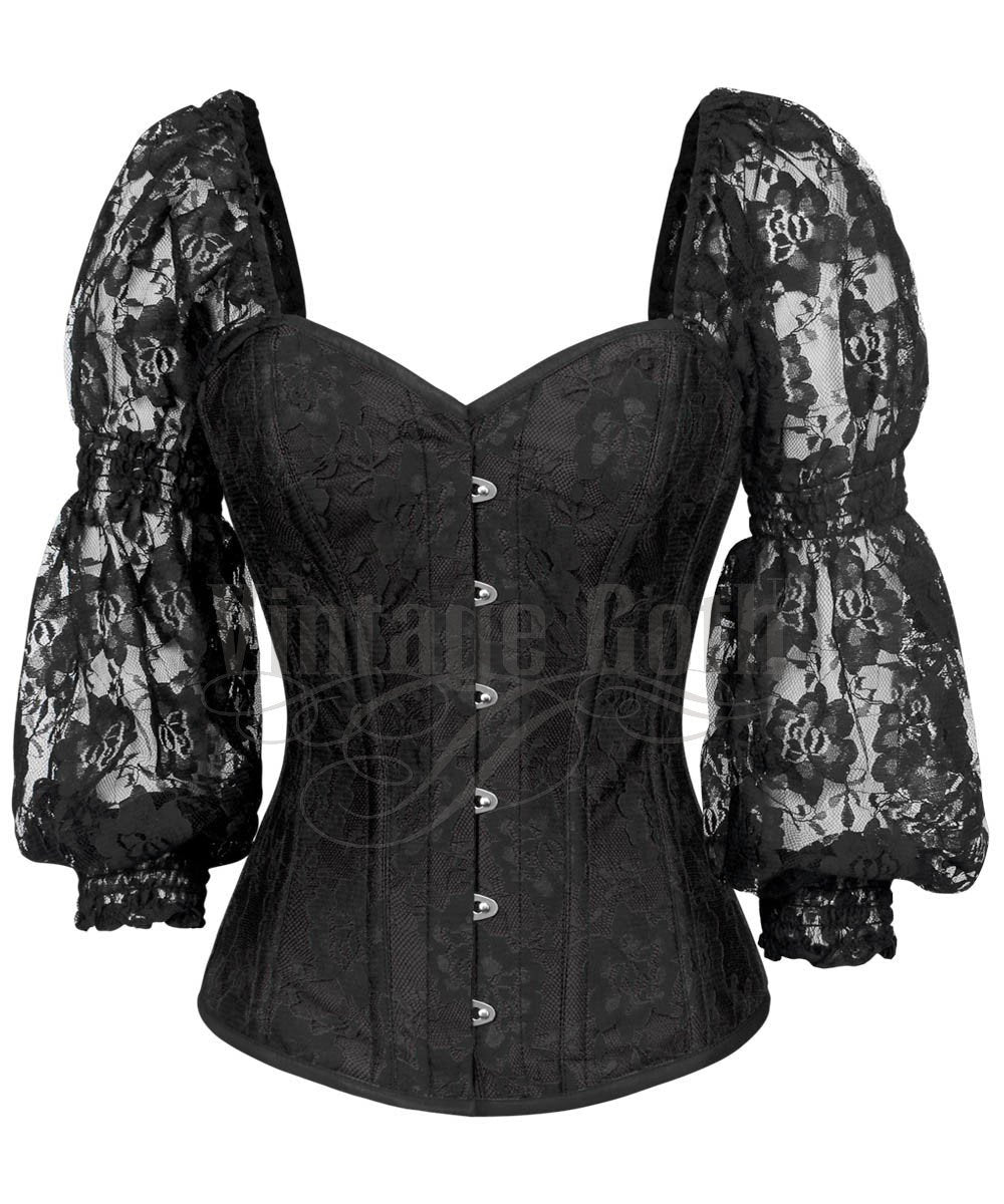 Faddei Lace Overlay Black Overbust Custom Made Corset with Attached Sleeve