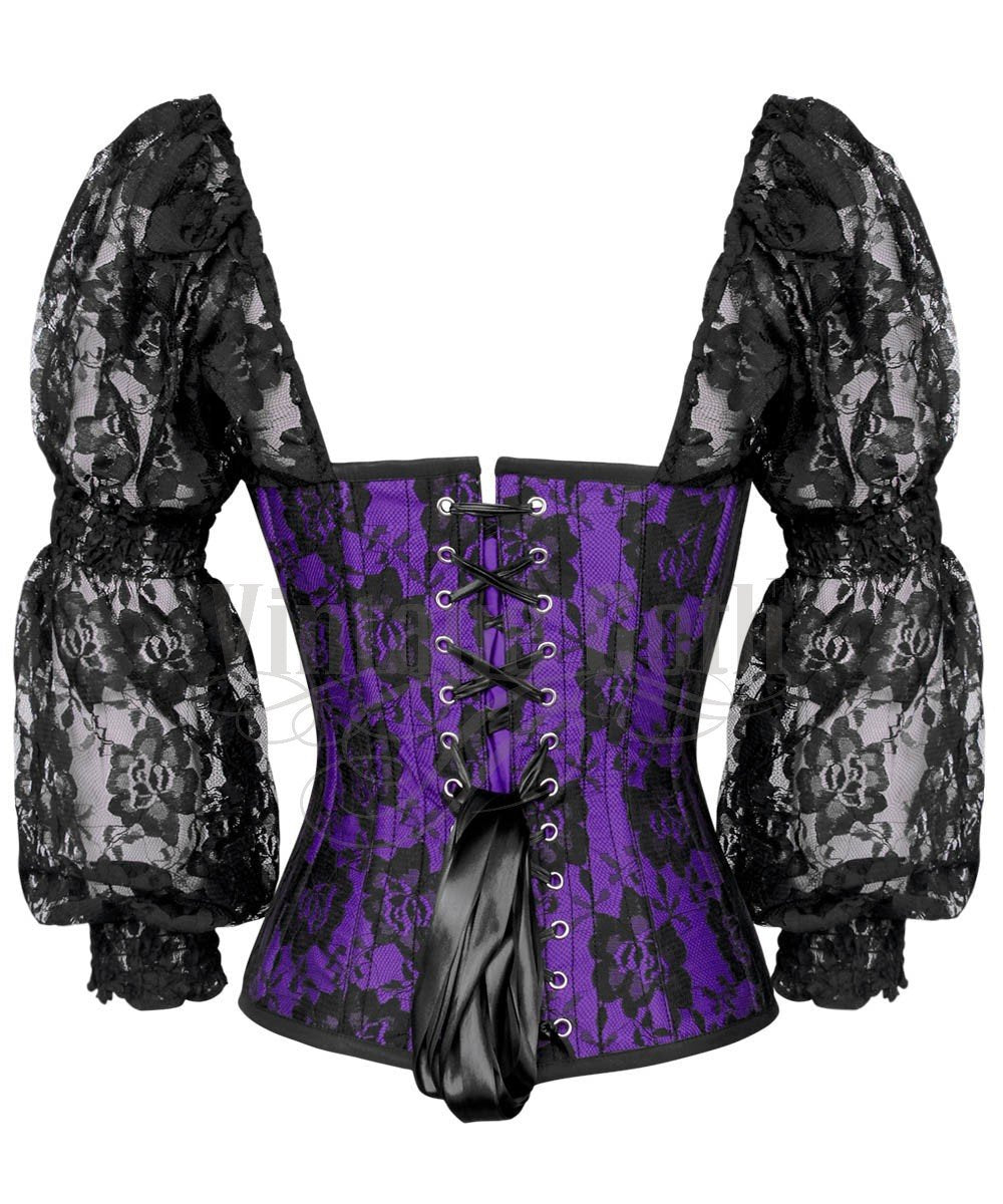 Rolph Lace Overlay Purple Overbust Custom Made Corset with Attached Sleeve