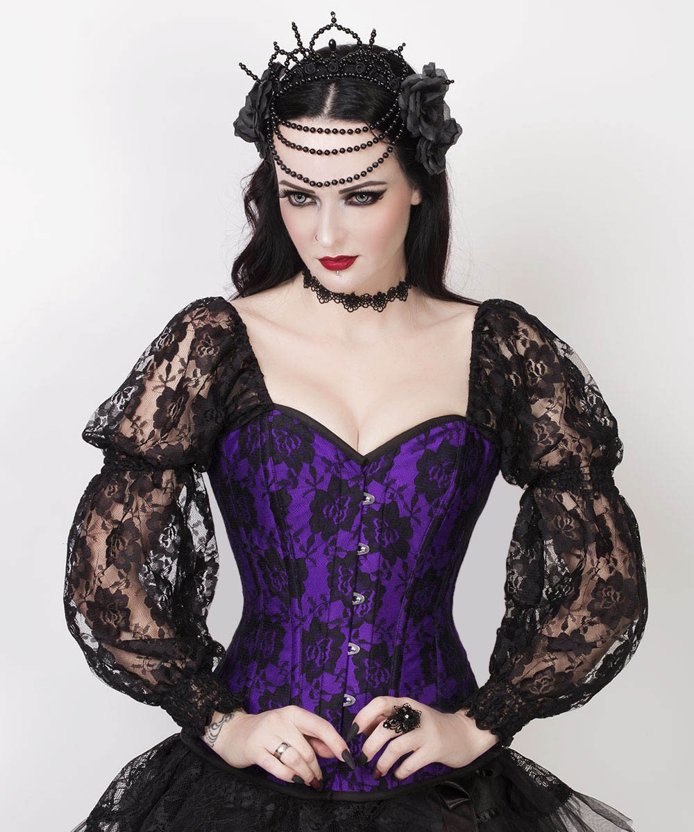 Rolph Lace Overlay Purple Overbust Custom Made Corset with Attached Sleeve