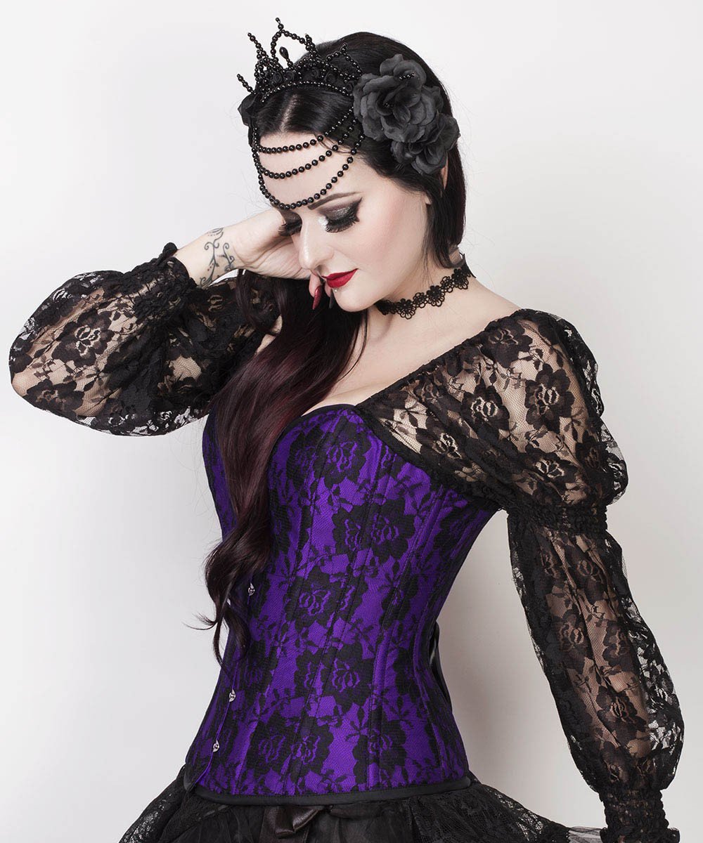 Rolph Lace Overlay Purple Overbust Corset with Attached Sleeve