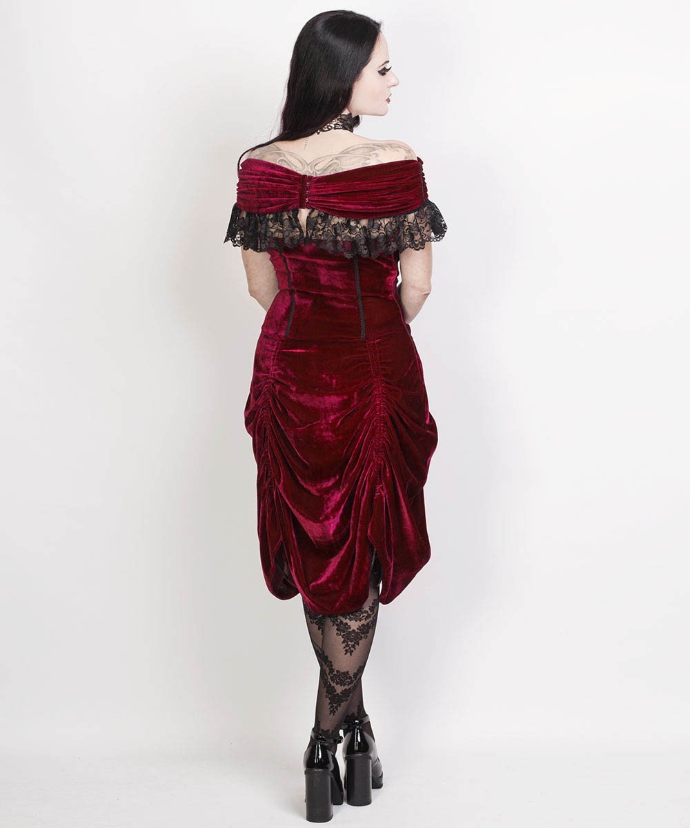 Agmundr Burlesque Maroon Velvet Off Shoulder Dress