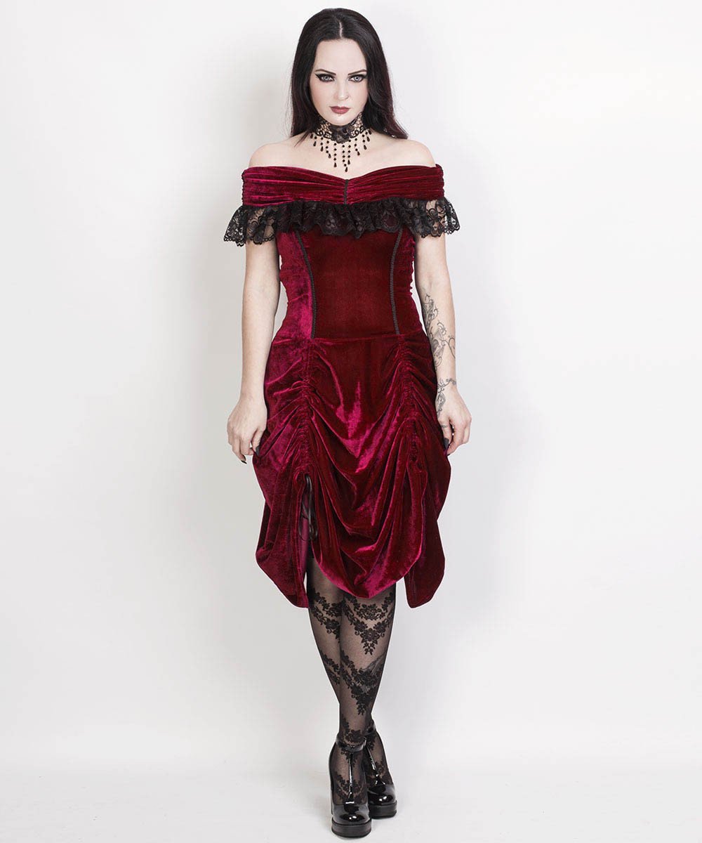Agmundr Burlesque Maroon Velvet Off Shoulder Dress