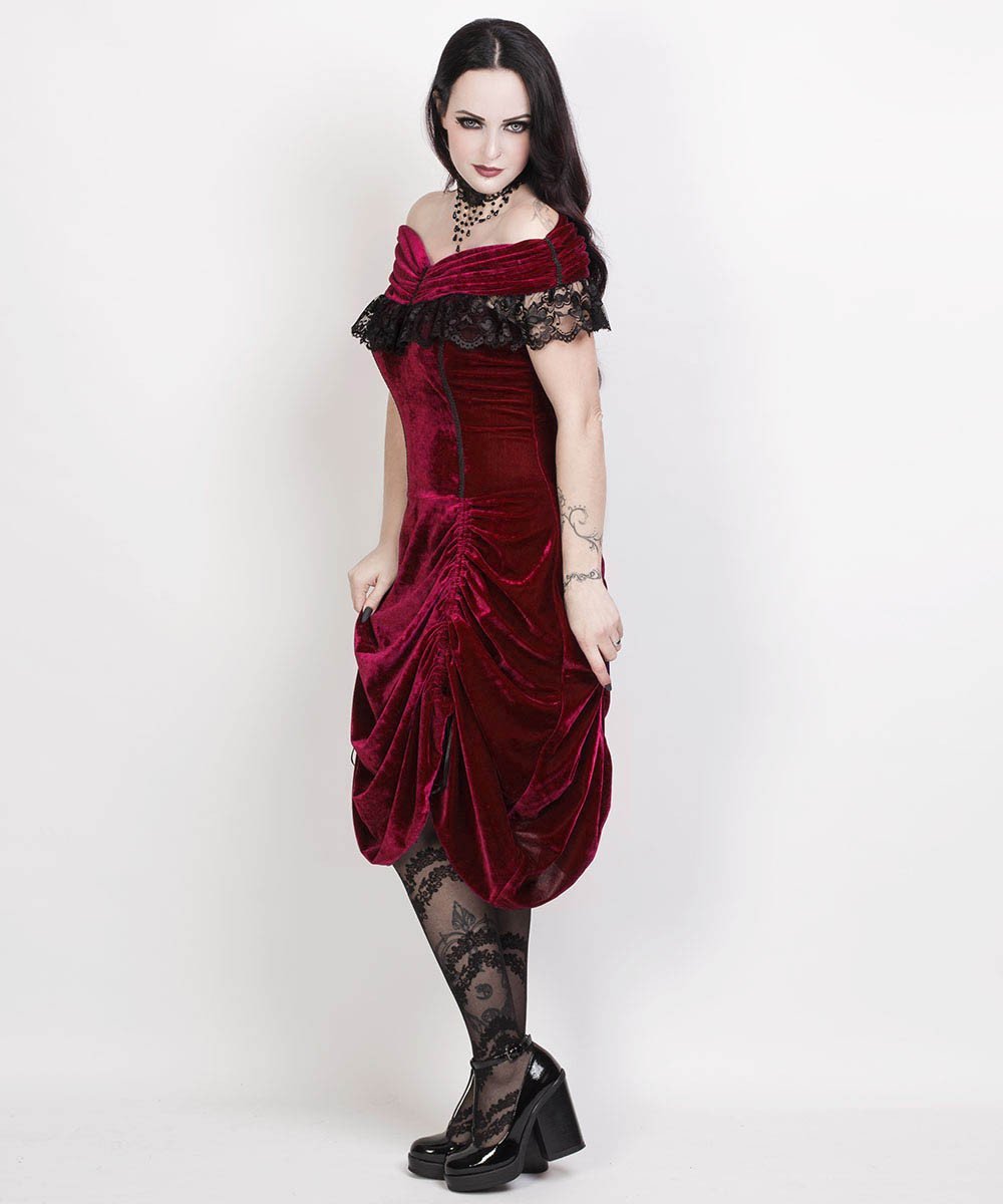 Agmundr Burlesque Maroon Velvet Off Shoulder Dress