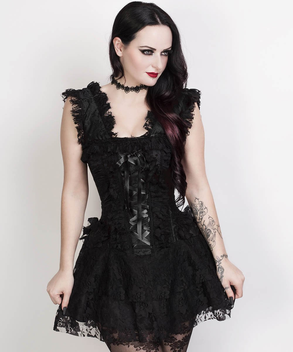 Renita Halter Burlesque Corset Dress in Black Brocade