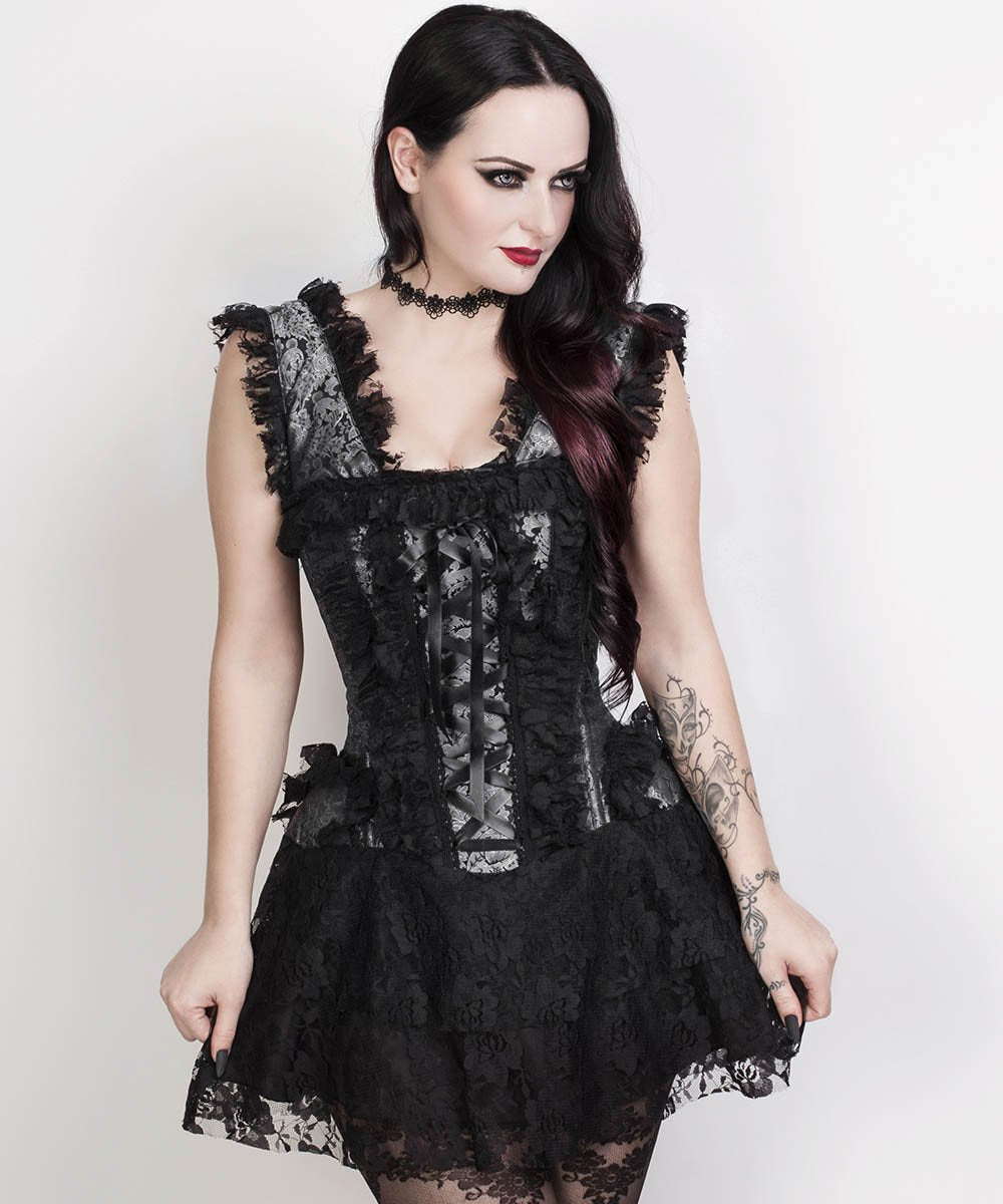 Chihiro Halter Burlesque Corset Dress in Silver Brocade