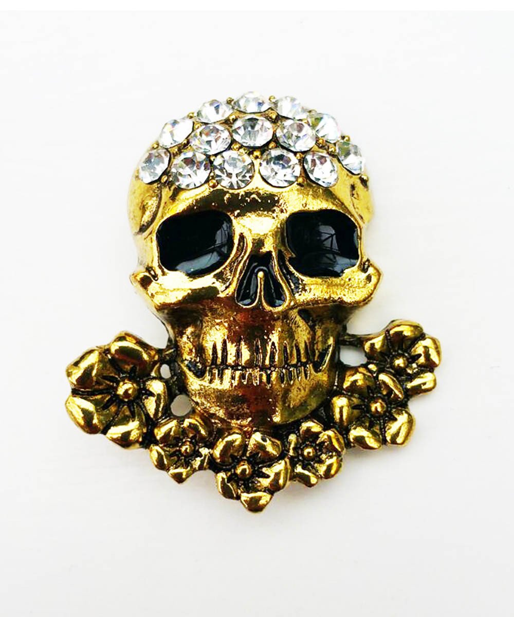 Fidelina Skull on Bouquet Rhinestone Brooch