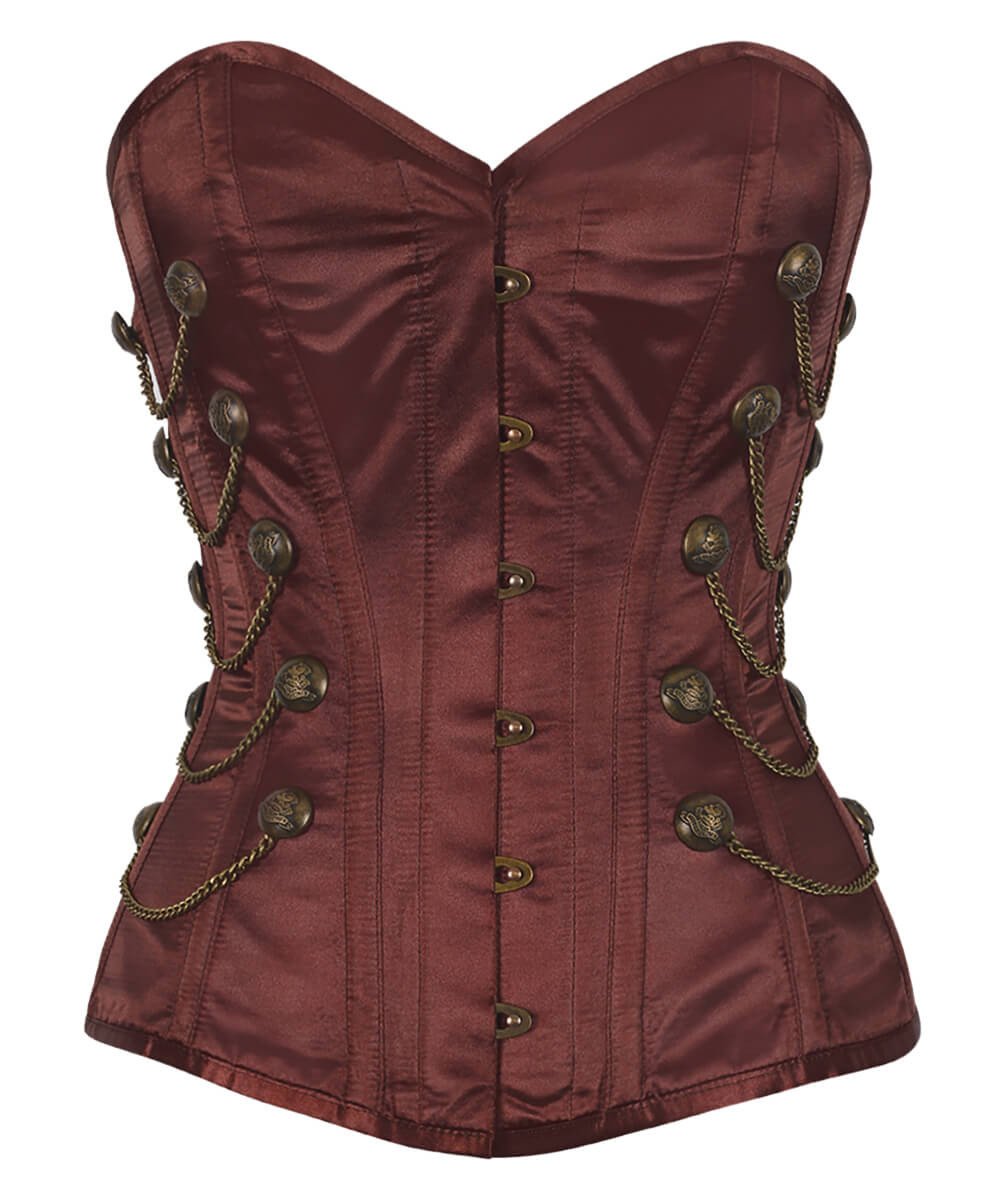 Nita Steel Boned Overbust Brown Corset with Chains